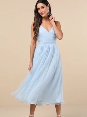 NWT Lulus Exemplary Aura Light Blue Tulle Surplice Midi Dress